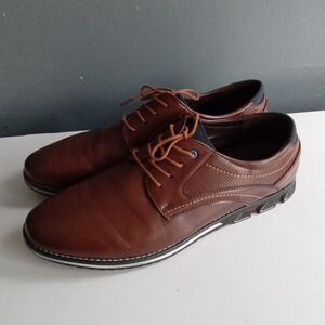 Mens Brown Leather Plain Toe Derby Dress Shoes with Sporty Outsole Navy Trim